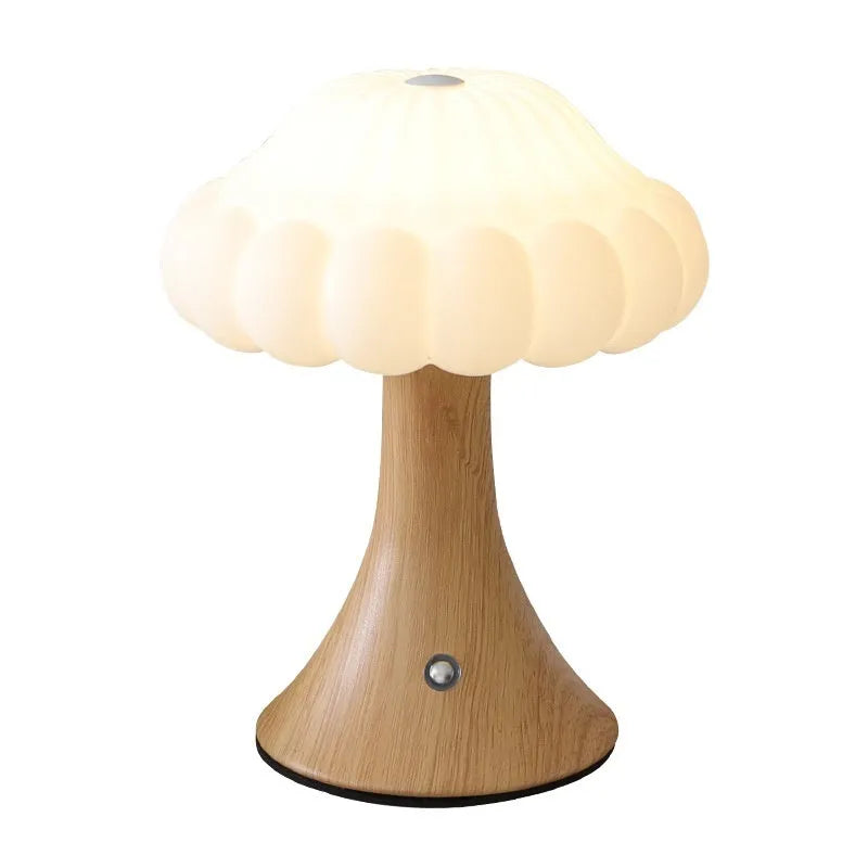 Wooden grain finish mushroom-shaped touch control night lamp on a table