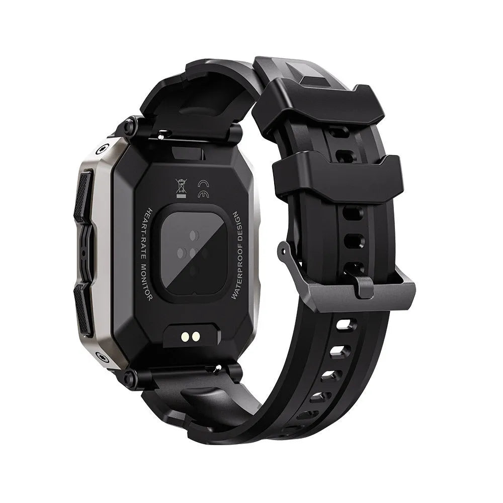 Black smart watch with TFT display showing heart rate and time, green option available, Bluetooth calling, 1ATM waterproof