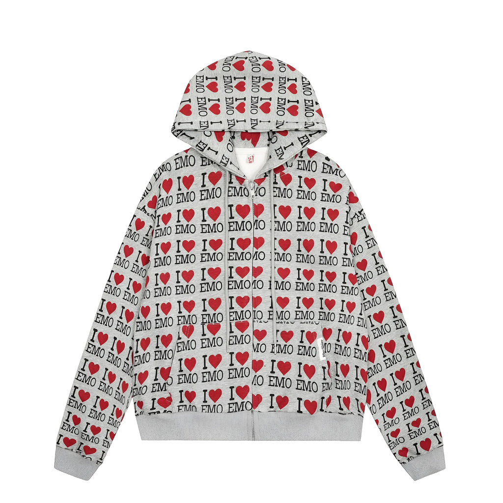 Mixed grey women's hooded cardigan with a retro pattern and long sleeves.
