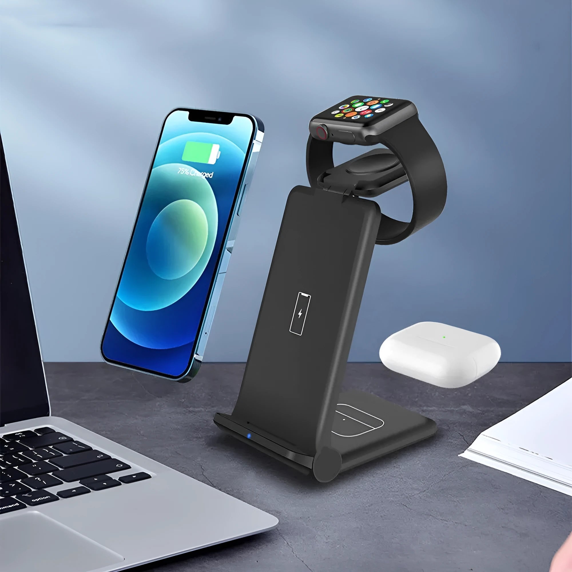 Black and white 3-in-1 foldable wireless charging station dock for iPhone, Samsung phone, AirPods and Apple Watch.