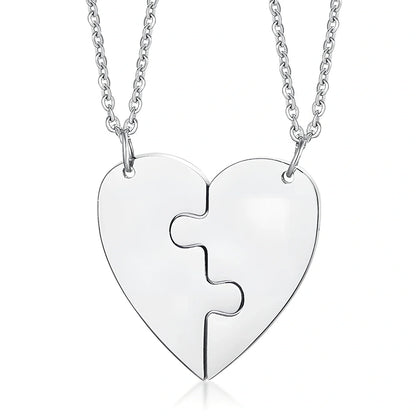 Heart-shaped titanium steel friendship pendant set in silver, gold, black with optional 51-80cm chain, rust-resistant two-piece unisex jewellery
