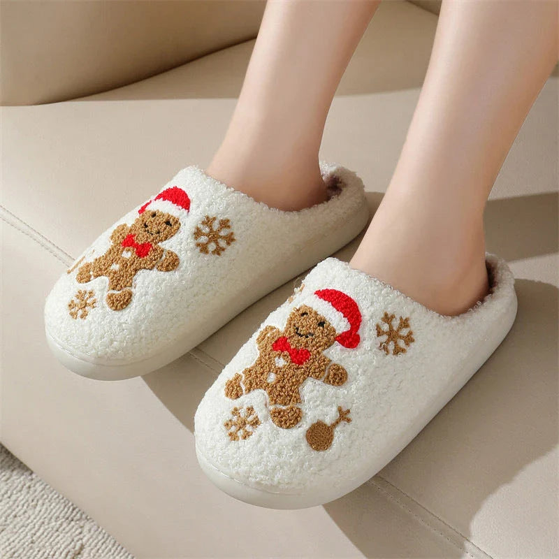 Cozy gingerbread snowflake pattern slippers with plush upper and non-slip sole for comfortable indoor wear