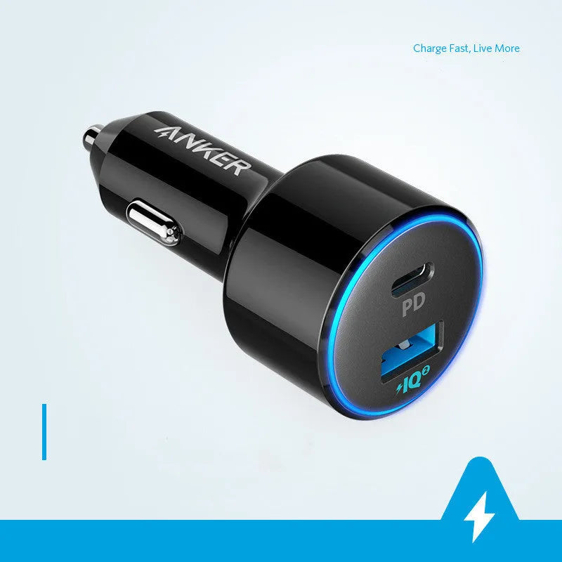 High-power one for two fast charging car charger with dual USB ports, compact 63x35x35mm size, black