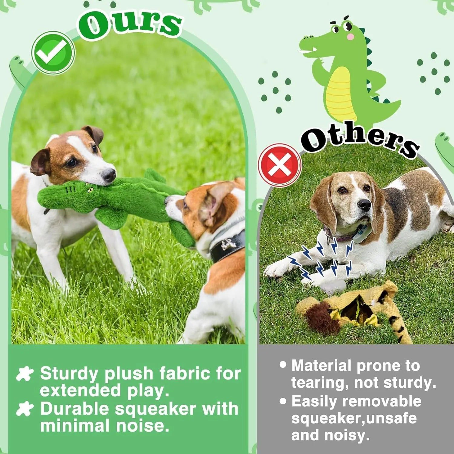 Green crocodile squeaky dog toy for aggressive chewers with no-stuffing design