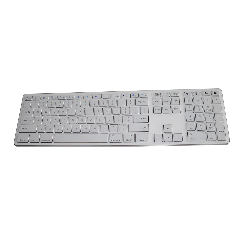 White wireless Bluetooth keyboard with 109 keys, shown on a desk.