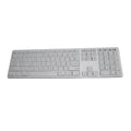 White wireless Bluetooth keyboard with 109 keys, shown on a desk.