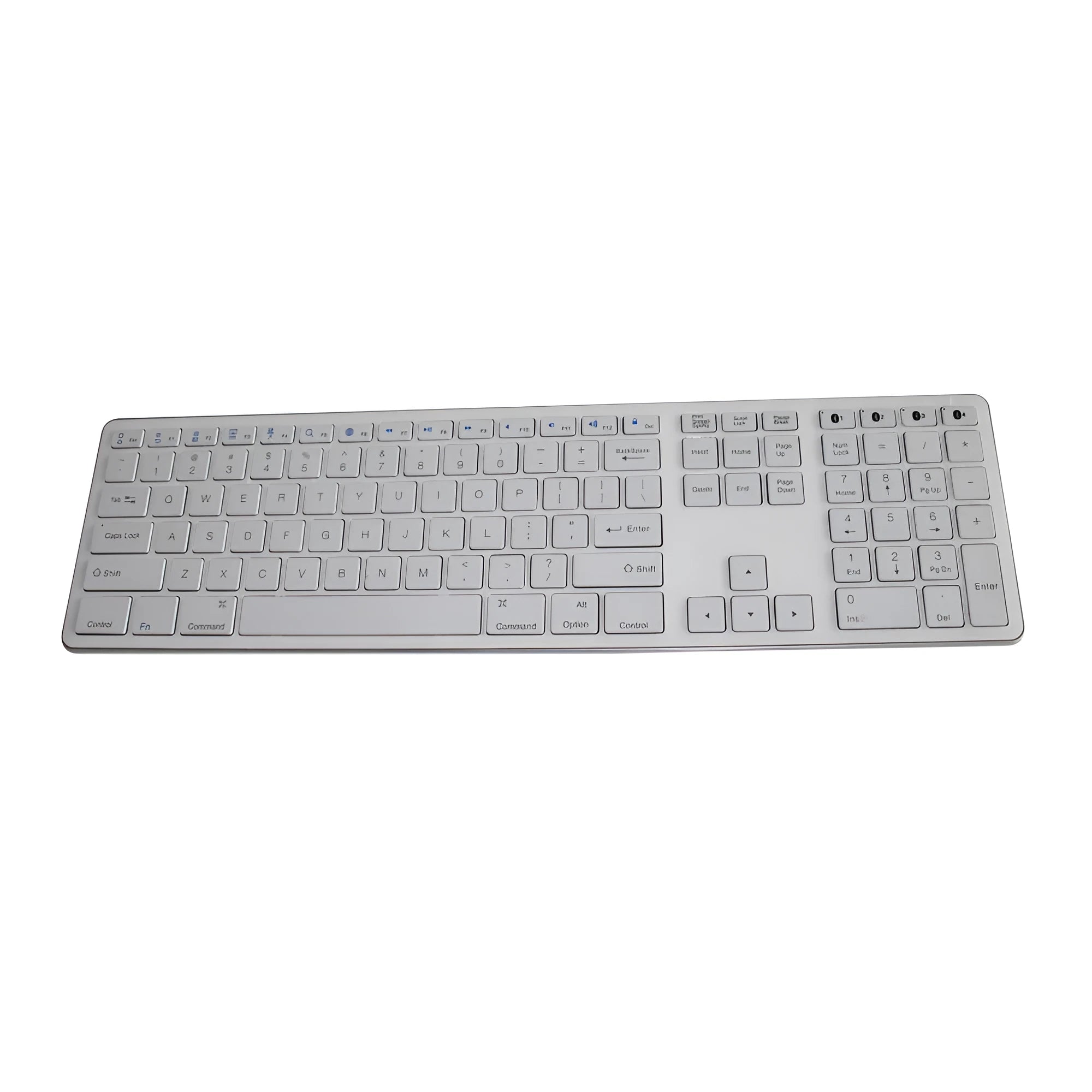 White wireless Bluetooth keyboard with 109 keys, shown on a desk.