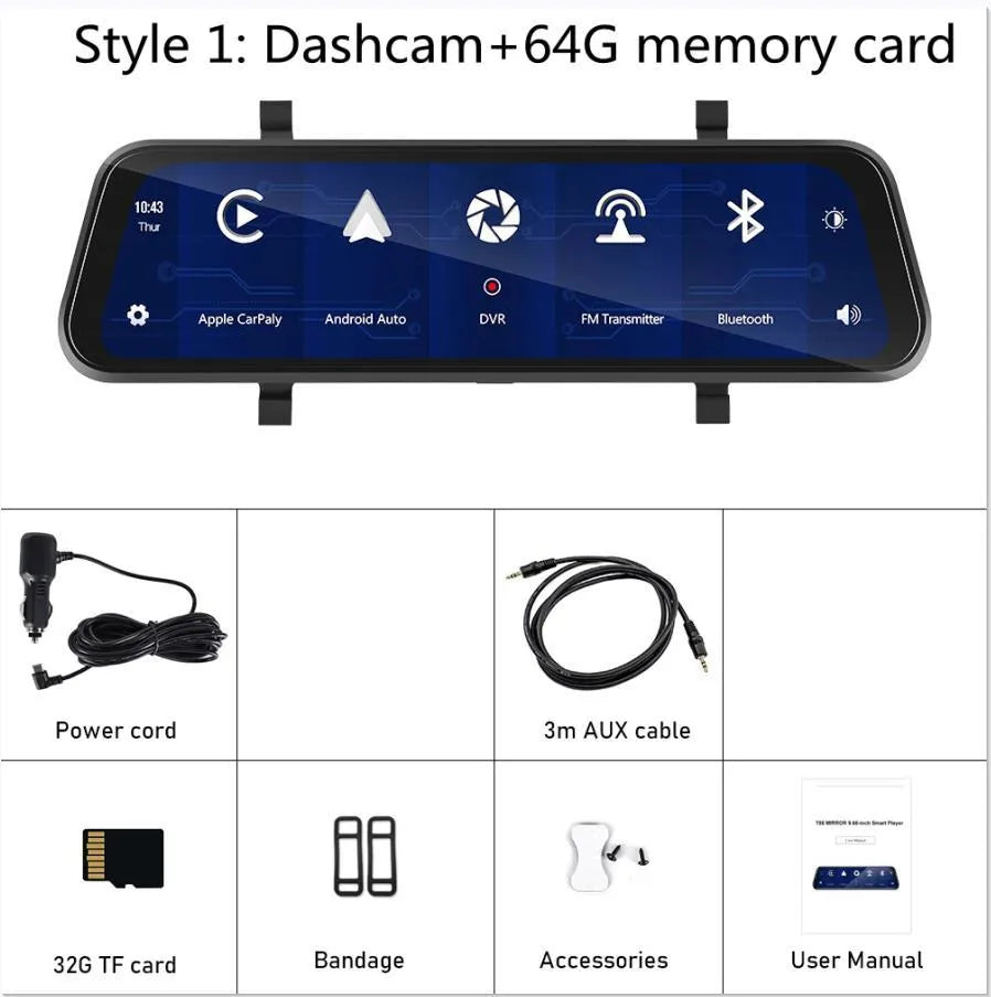 9.66-inch HD in-mirror car dash cam and video player with reverse camera and mounting brackets