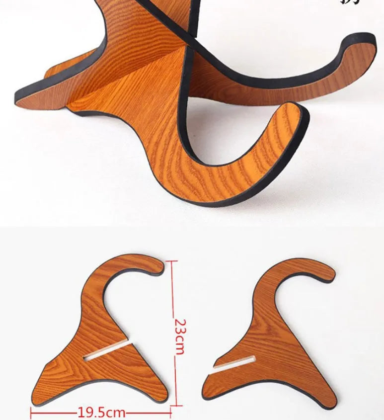 Brown wood folding ukulele stand with EVA padding, suitable for 21 23 26 inch ukuleles