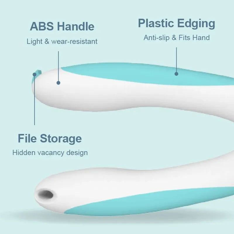 Blue and white pet nail clipper with safety lock, shown with a separate nail file.