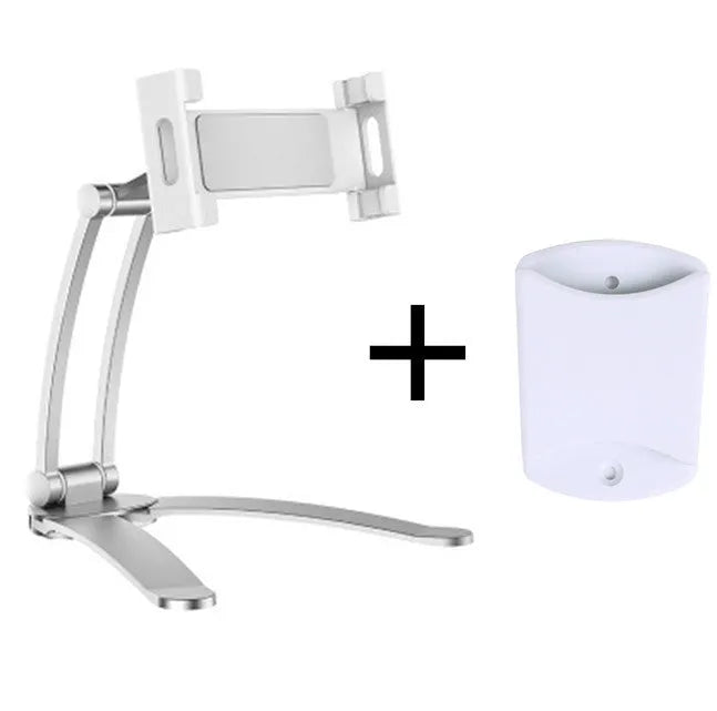 Silver aluminium alloy desktop tablet stand holding a tablet at an adjustable angle