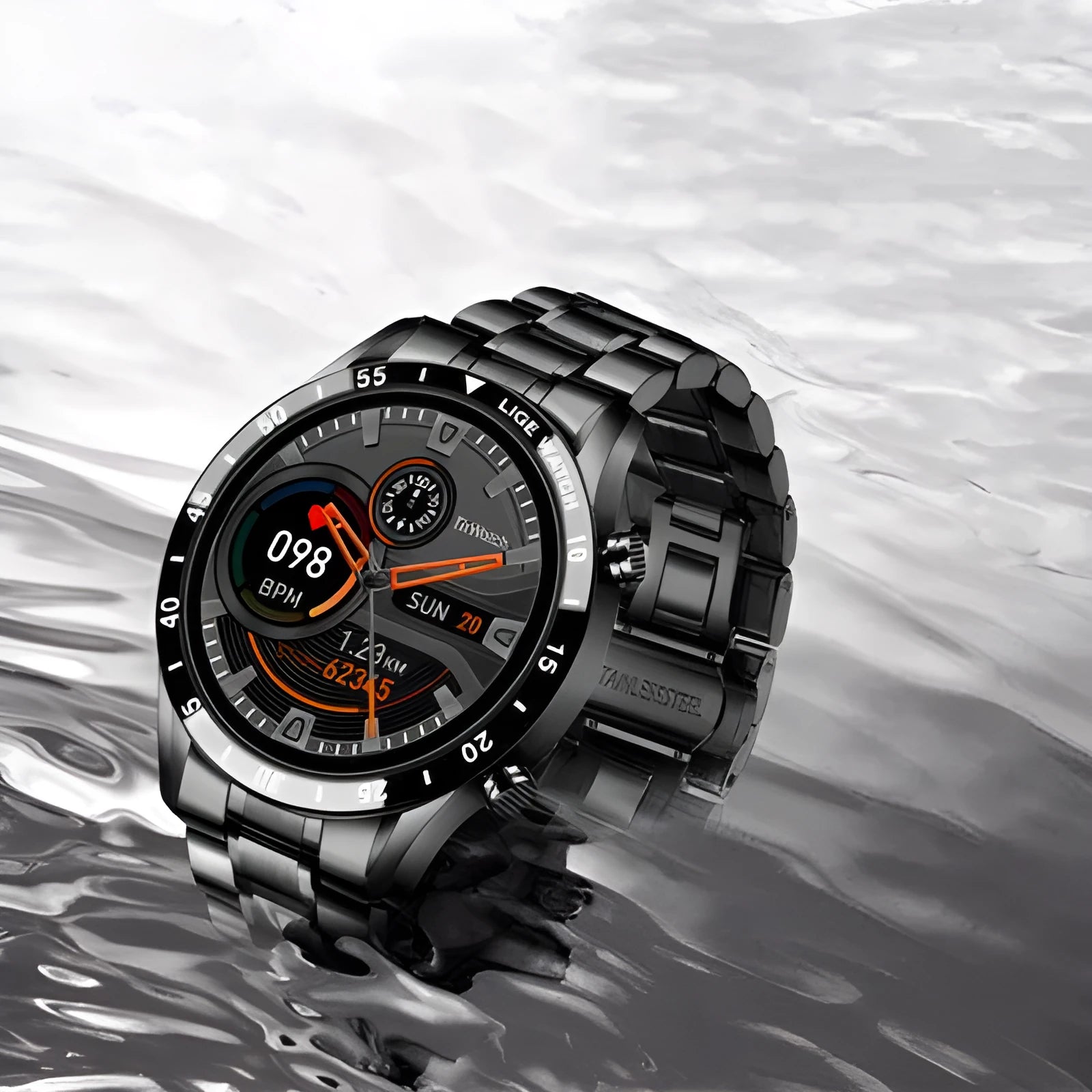 Smart watch with stainless steel wristband and 1.3-inch touchscreen display showing step count