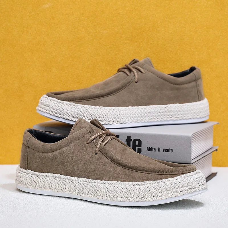 Men's casual pumps in khaki, low-top handmade cloth shoes with flat heel and round toe