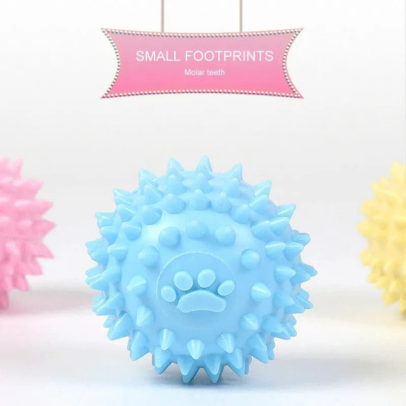 Blue TPR rubber pet chew ball with textured footprint design for teeth cleaning