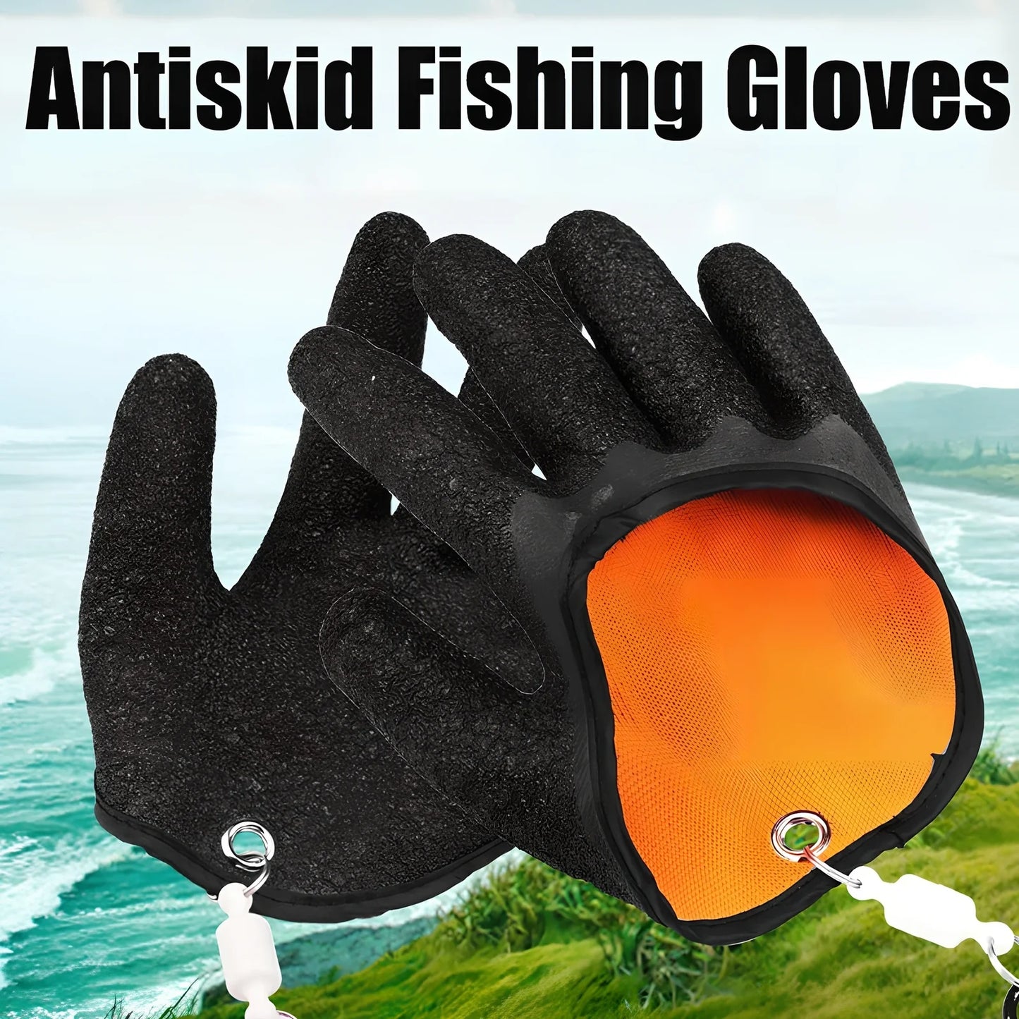 Purple anti-slip fishing gloves with latex coating and magnetic clip for puncture protection in left or right hand, 25cm length