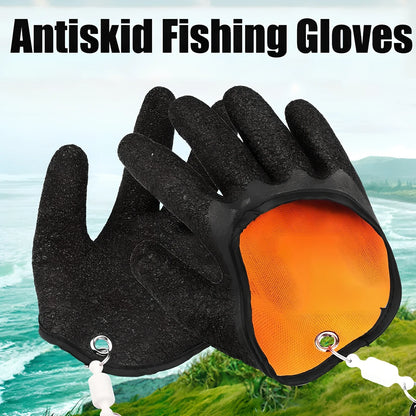 Purple anti-slip fishing gloves with latex coating and magnetic clip for puncture protection in left or right hand, 25cm length