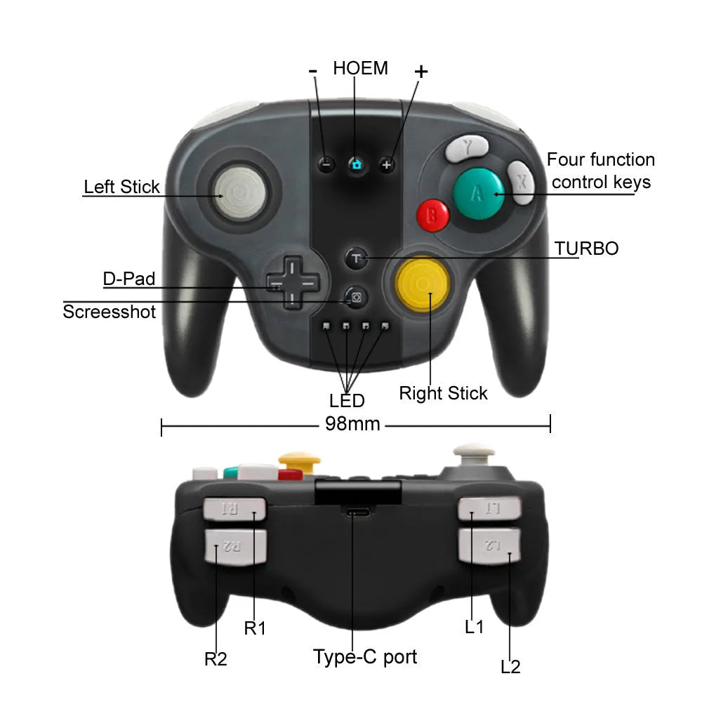 Black wireless Bluetooth gamepad for Nintendo Switch with colourful packaging, showing its size and buttons.