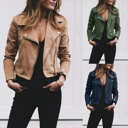 Women's lapel and diagonal zipper short casual coat in various colors