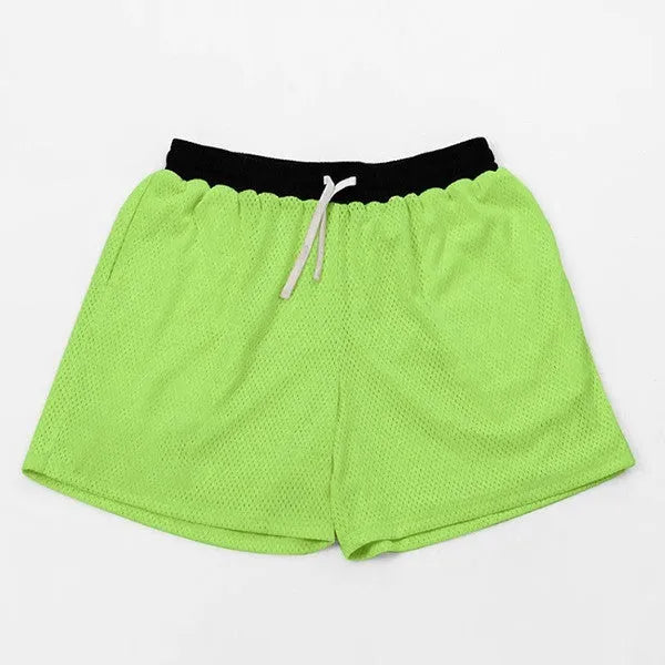 Men's solid colour mesh quick-drying running shorts in black, shown on a hanger.