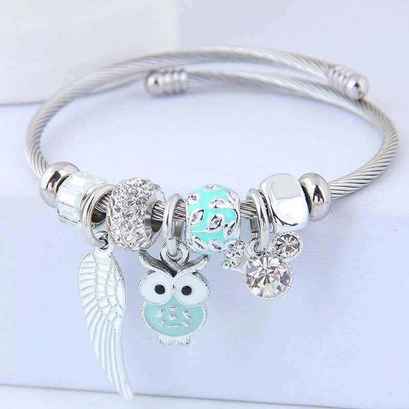 DIY Beaded Owl Angel Wings Pendant Stainless Steel Bracelet with rhinestone accents