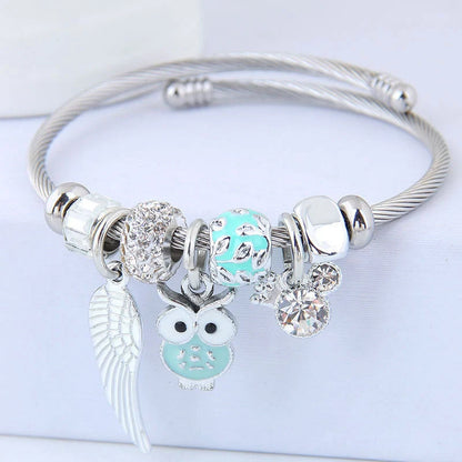 DIY Beaded Owl Angel Wings Pendant Stainless Steel Bracelet with rhinestone accents