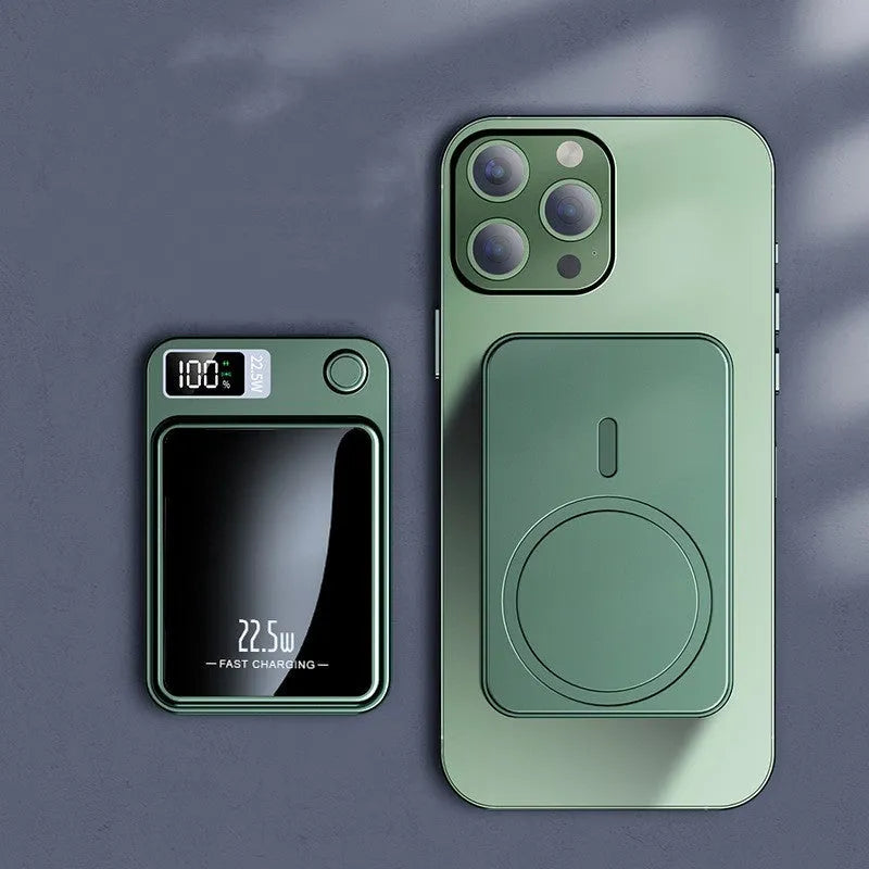 Ultra-thin magnetic suction power bank with PD22.5W fast charging, in green, 98 x 64 x 15mm
