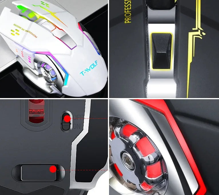 Wireless charging mouse with silent clicks in black or white, showing six buttons and USB connector