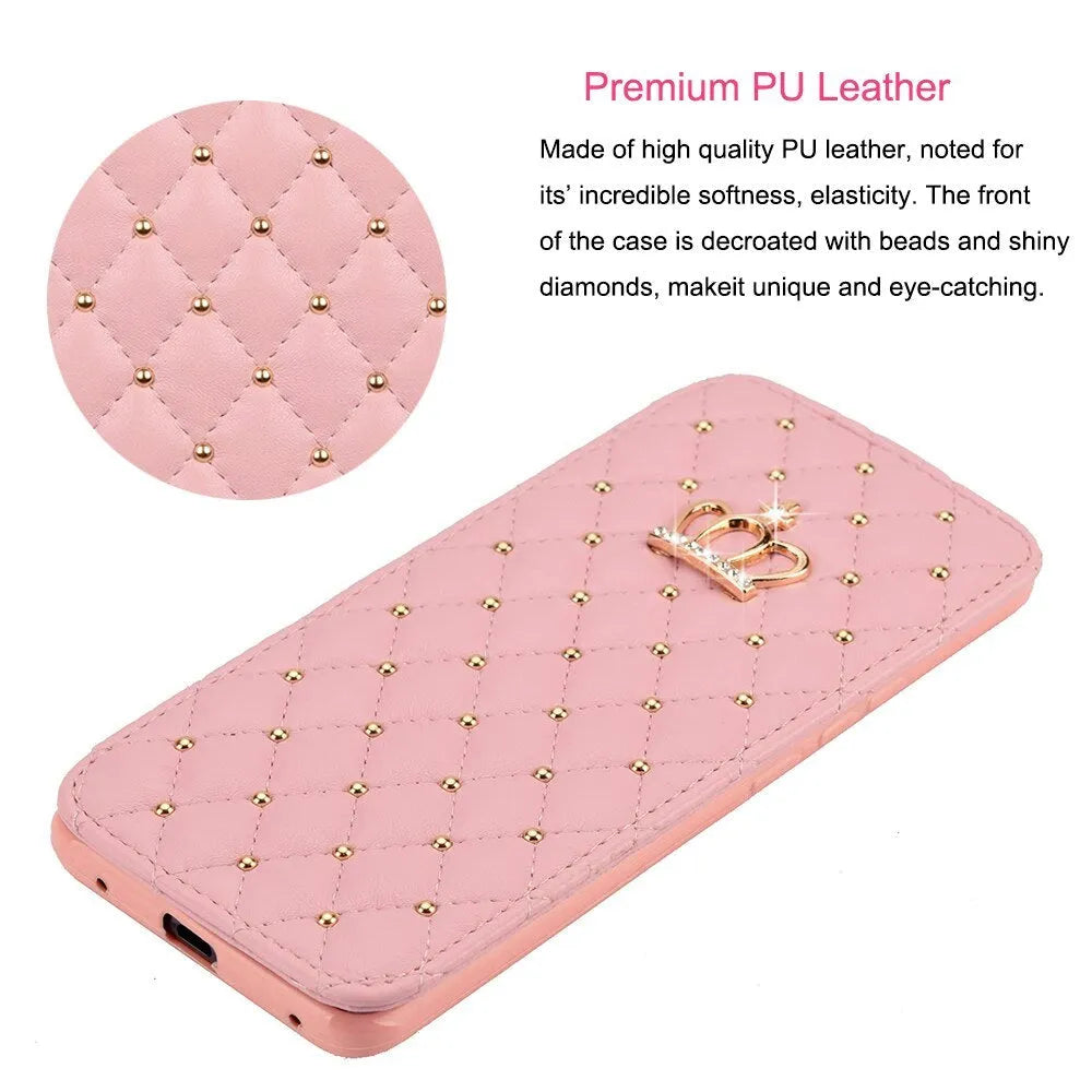 Crown Card Leather Case for Samsung Galaxy S10 flip wallet in Black with card slot and crown design