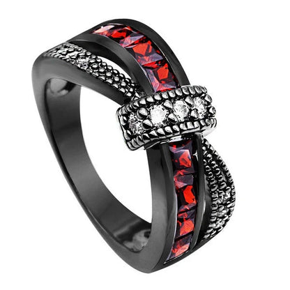 Black Gold Garnet Red Cross Zircon Ring with geometric design and red zircon inlays