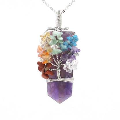 Crystal Column Tree of Life Winding Pendant Necklace in various natural crystal colours
