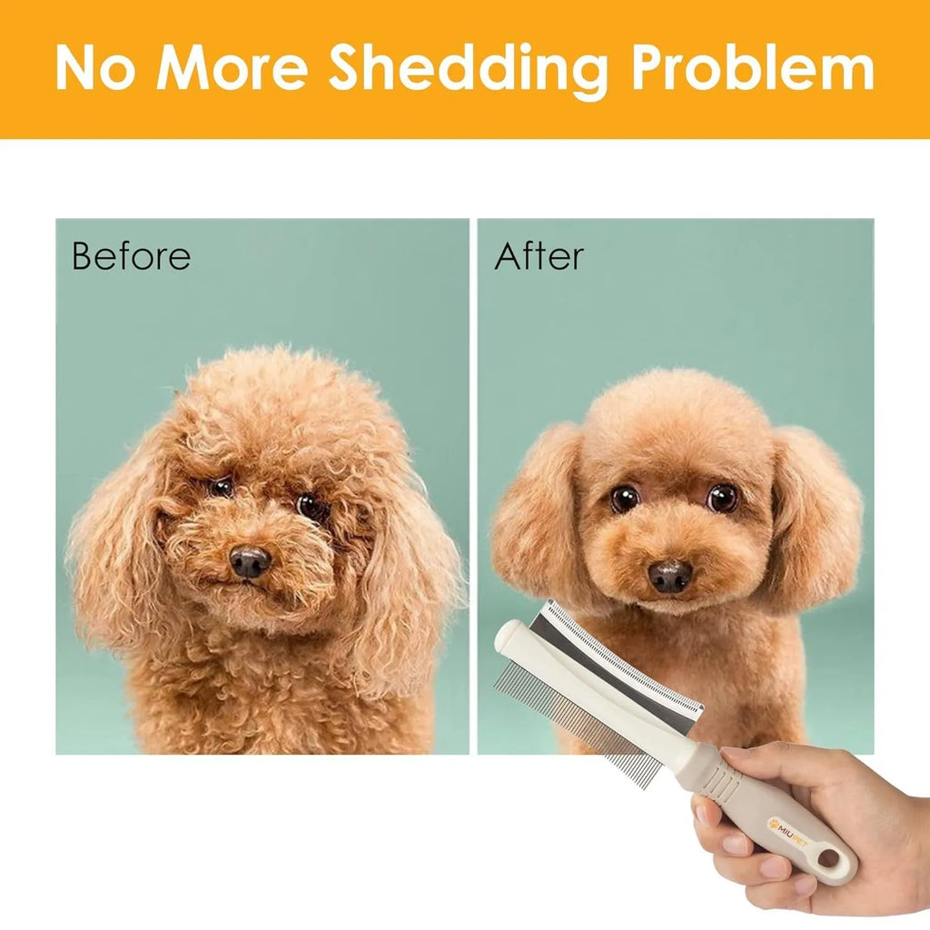 White double-sided pet grooming brush with curved comb and deshedding head on a 230mm handle.
