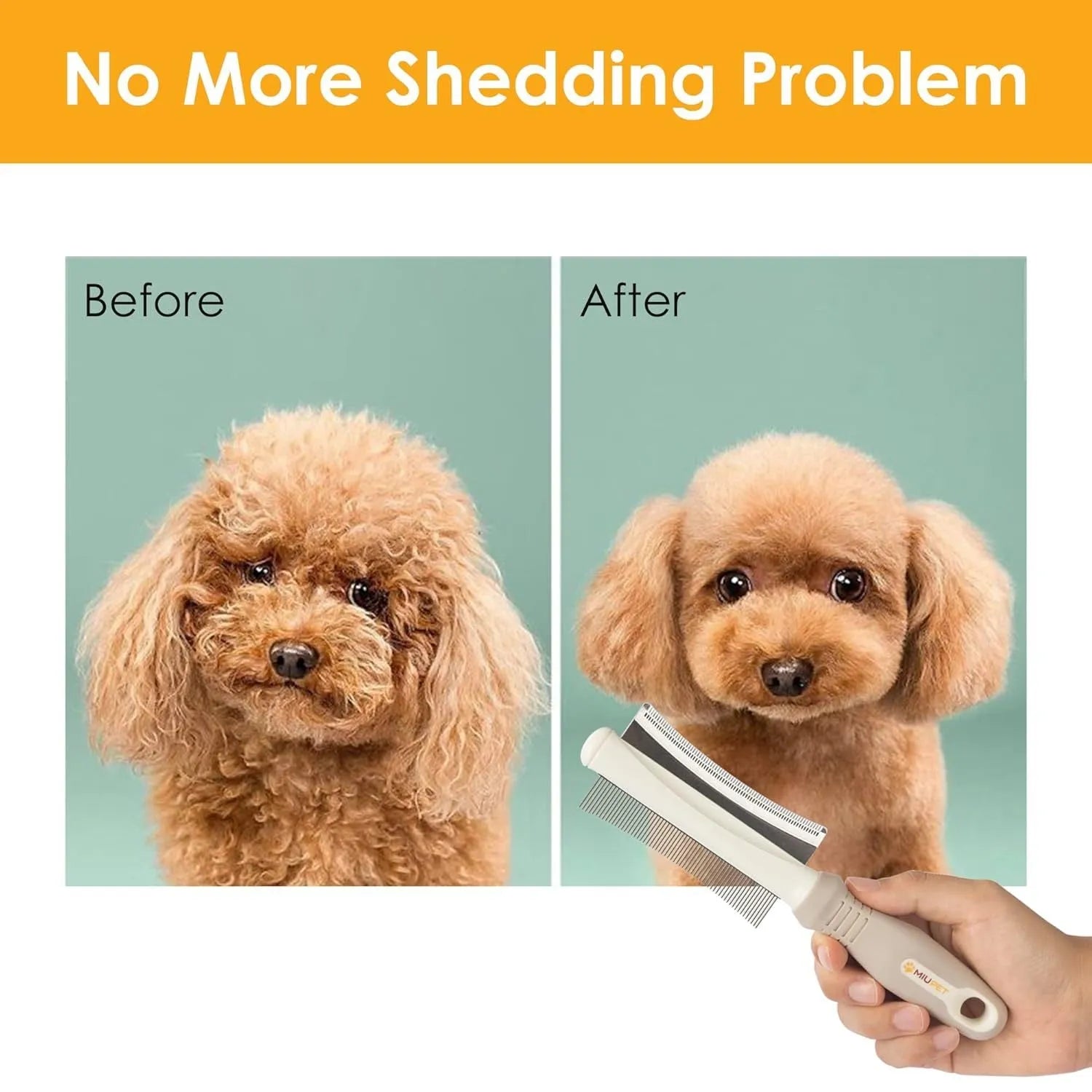 White double-sided pet grooming brush with curved comb and deshedding head on a 230mm handle.