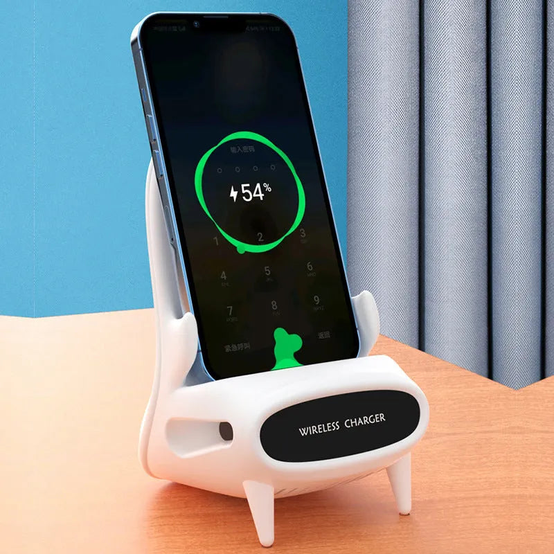 White mini chair shaped wireless charging stand for smartphones on desk
