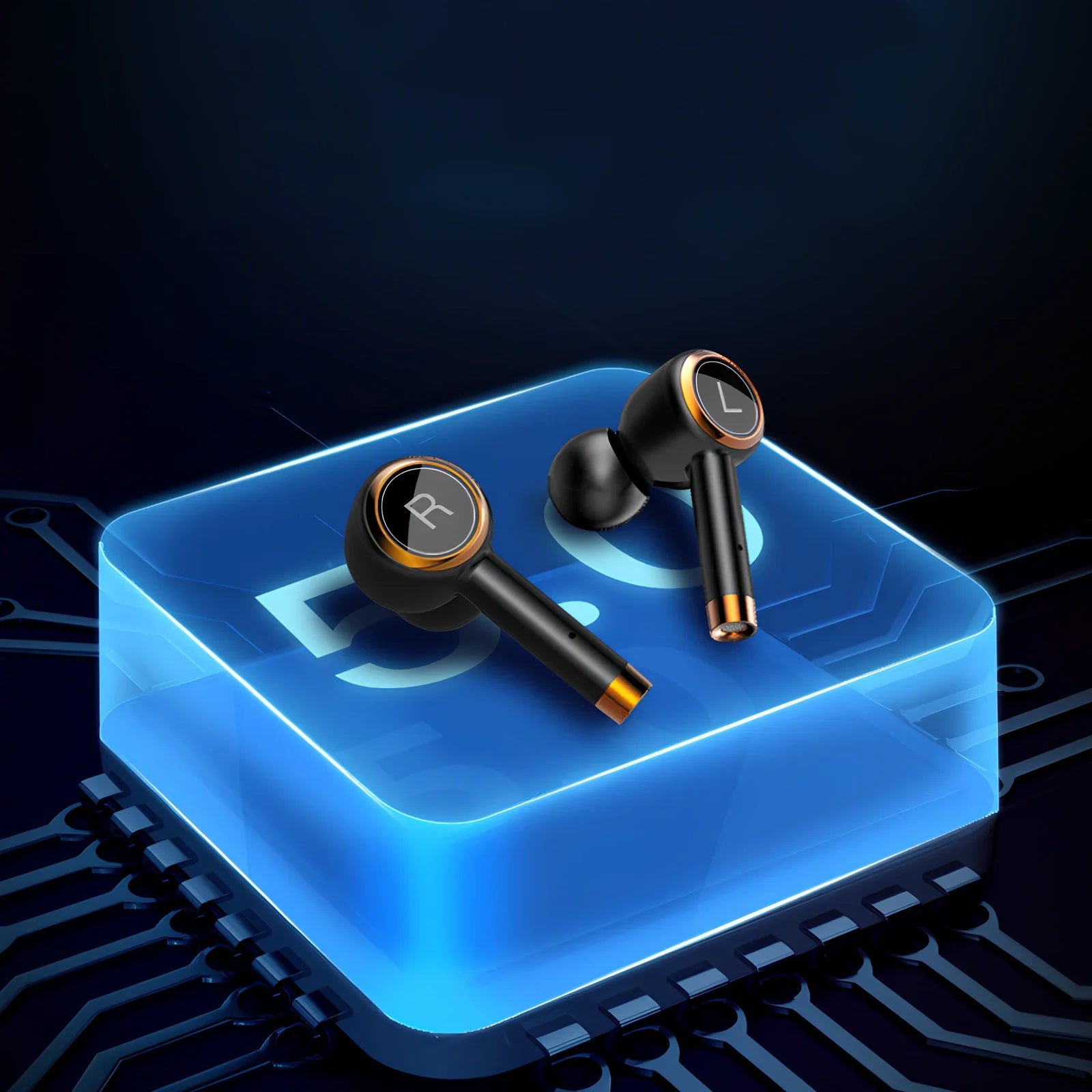 Smart noise cancelling wireless headphones in black with charging case and silicone ear tips