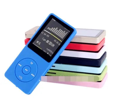 1.8 inch screen MP4 player in various colours showing display interface and compact 90mm design