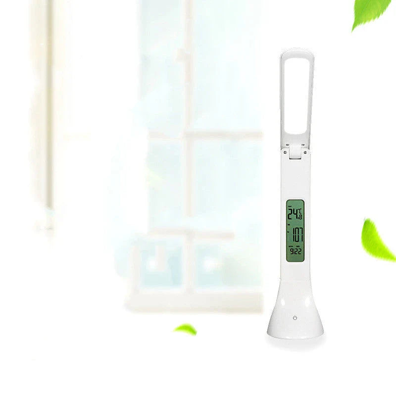 Adjustable LED desk lamp with digital display for time, date, and temperature
