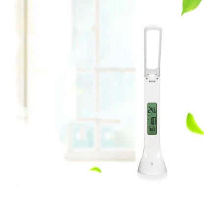 Adjustable LED desk lamp with digital display for time, date, and temperature