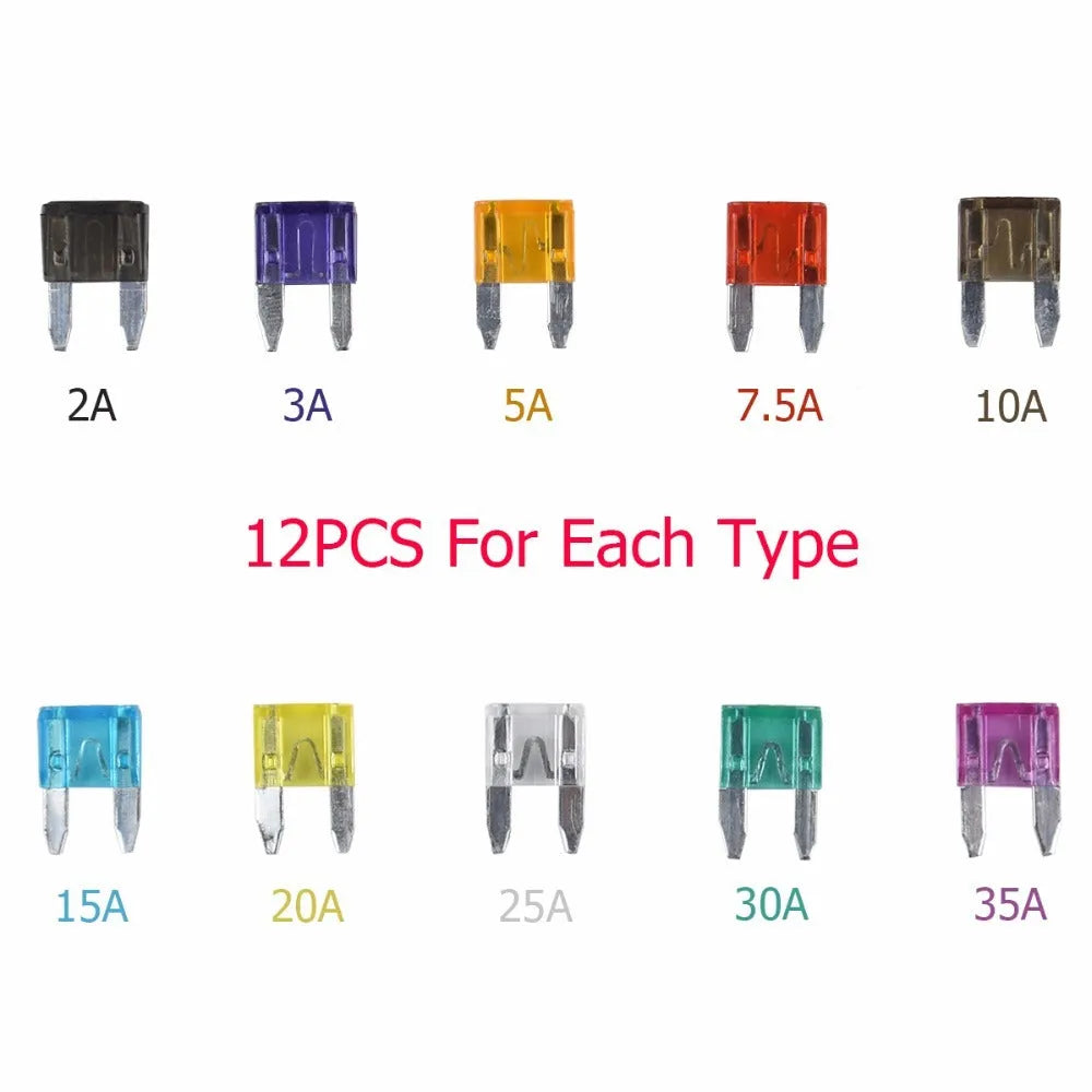 120 pieces of small car fuses in assorted colours with transparent housing for easy inspection