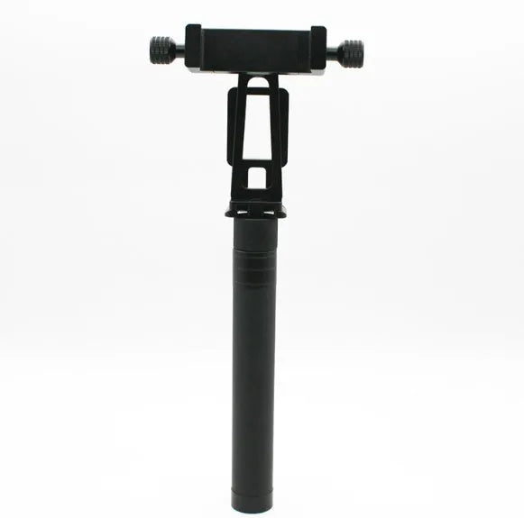Black retractable aluminium selfie stick extended, with a smartphone mounted on the holder.
