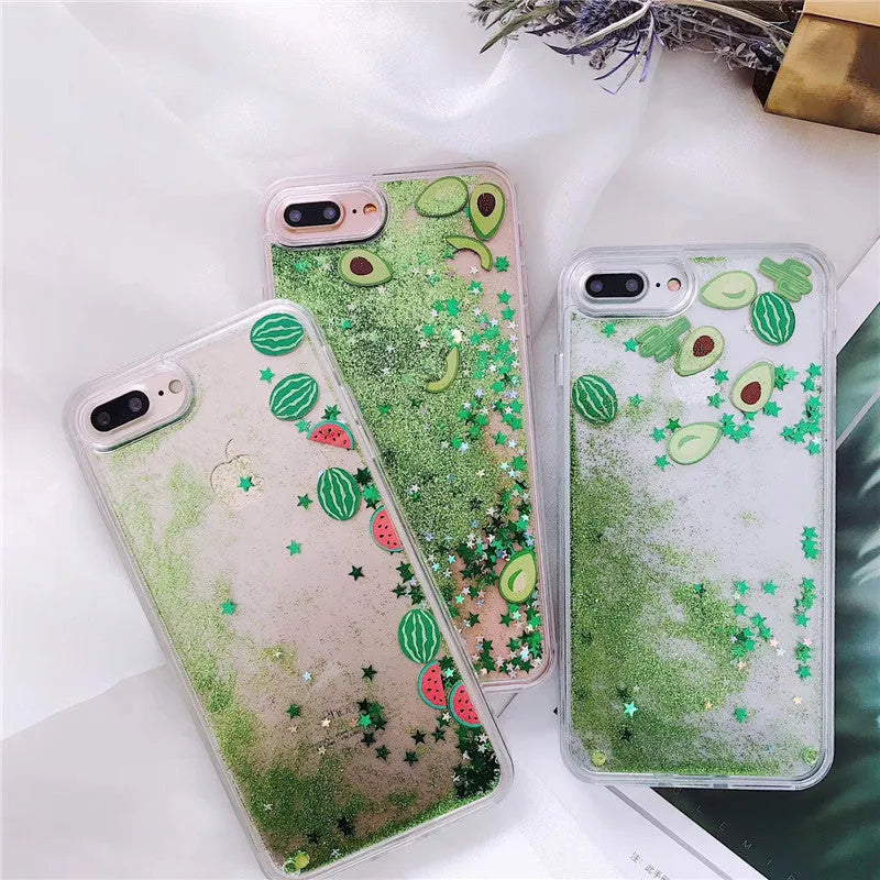 Avocado phone case with quicksand and rhinestone design back cover in colour A for iPhone 11