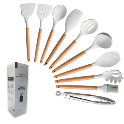 Elegant marbled silicone kitchenware set with wooden handle, perfect for cooking and baking.