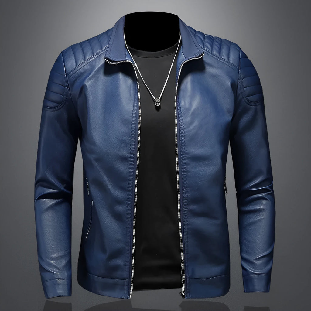 Men's black leather motorcycle jacket with stand collar and zipper front on display