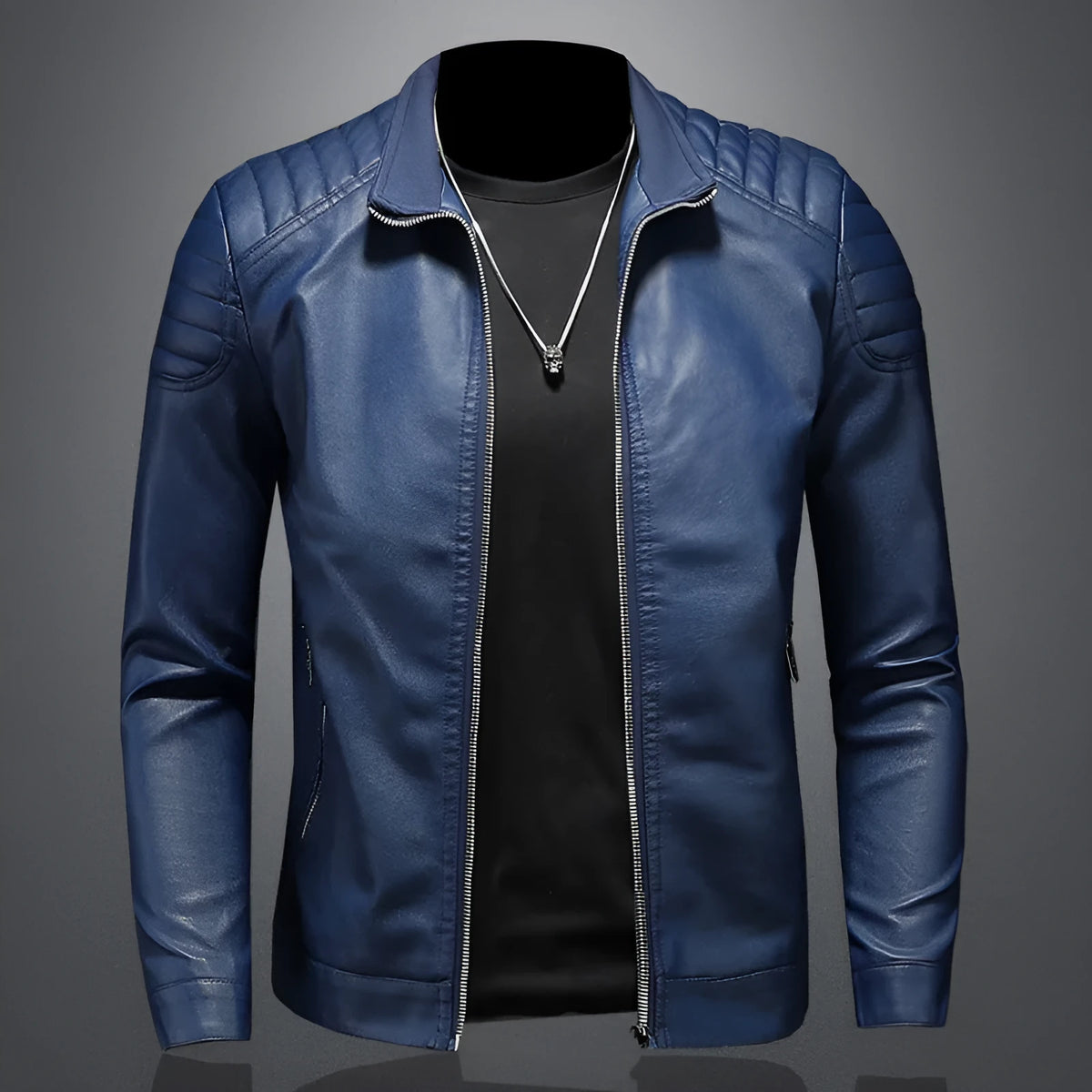 Men's black leather motorcycle jacket with stand collar and zipper front on display
