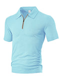 Men's loose zippered short sleeve casual shirt in navy blue with polyester fabric