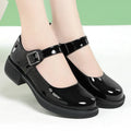 Women's round toe black cow split leather pumps with buckle strap and 3.5cm mid flat heel