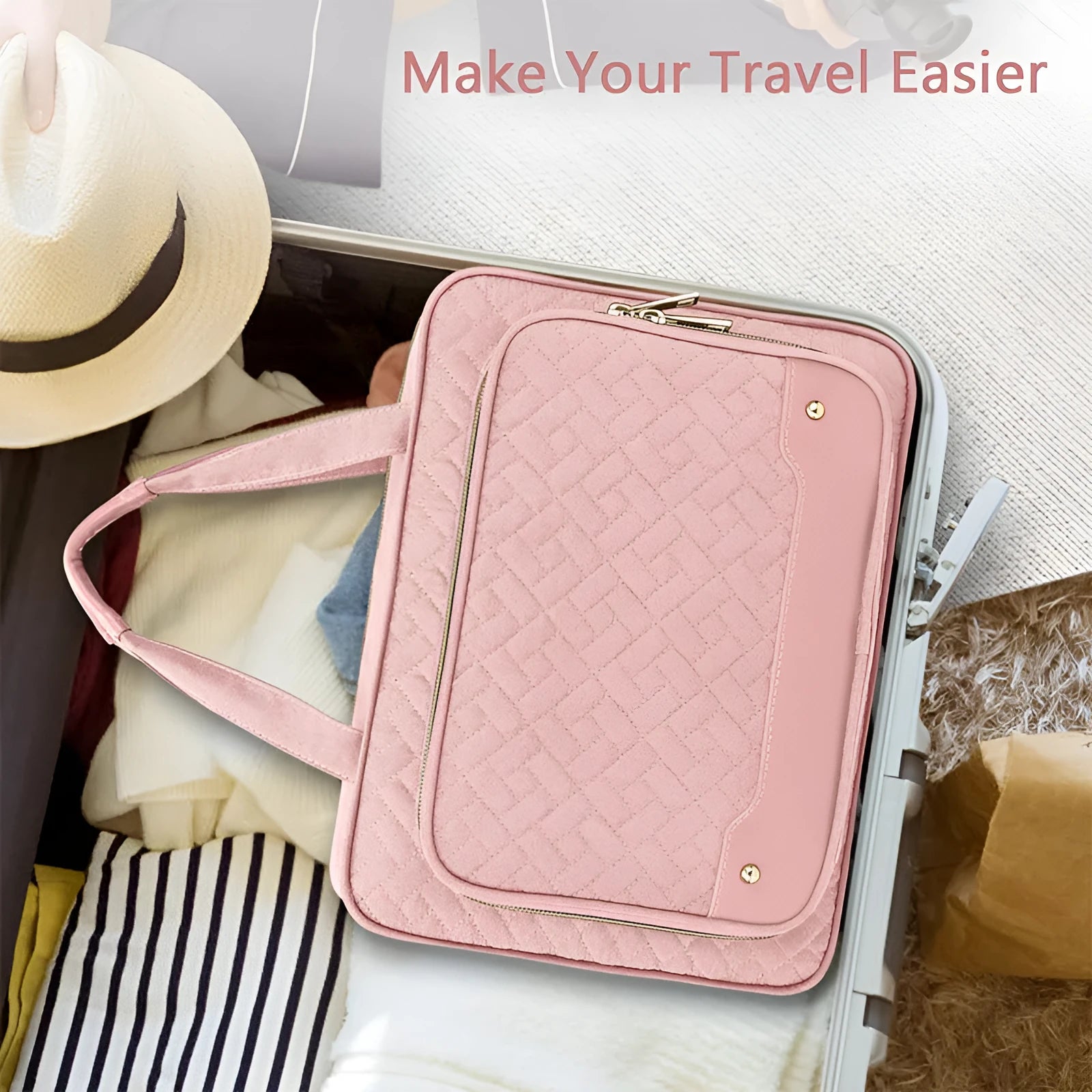 Pink waterproof hanging cosmetic bag with dimensions 30.5cm wide by 22.9cm tall