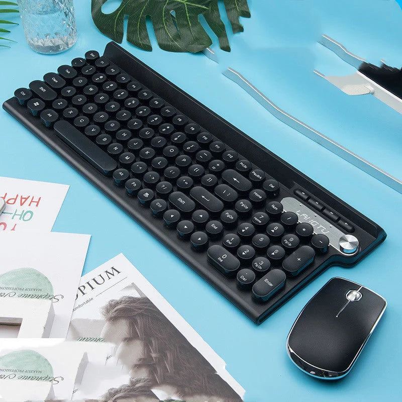 Ergonomic wireless keyboard and mouse set with charging capability, available in yellow, black, and green.