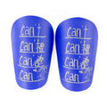 A pair of white PU football shin guards for adult training, showing the strap and protective shell.