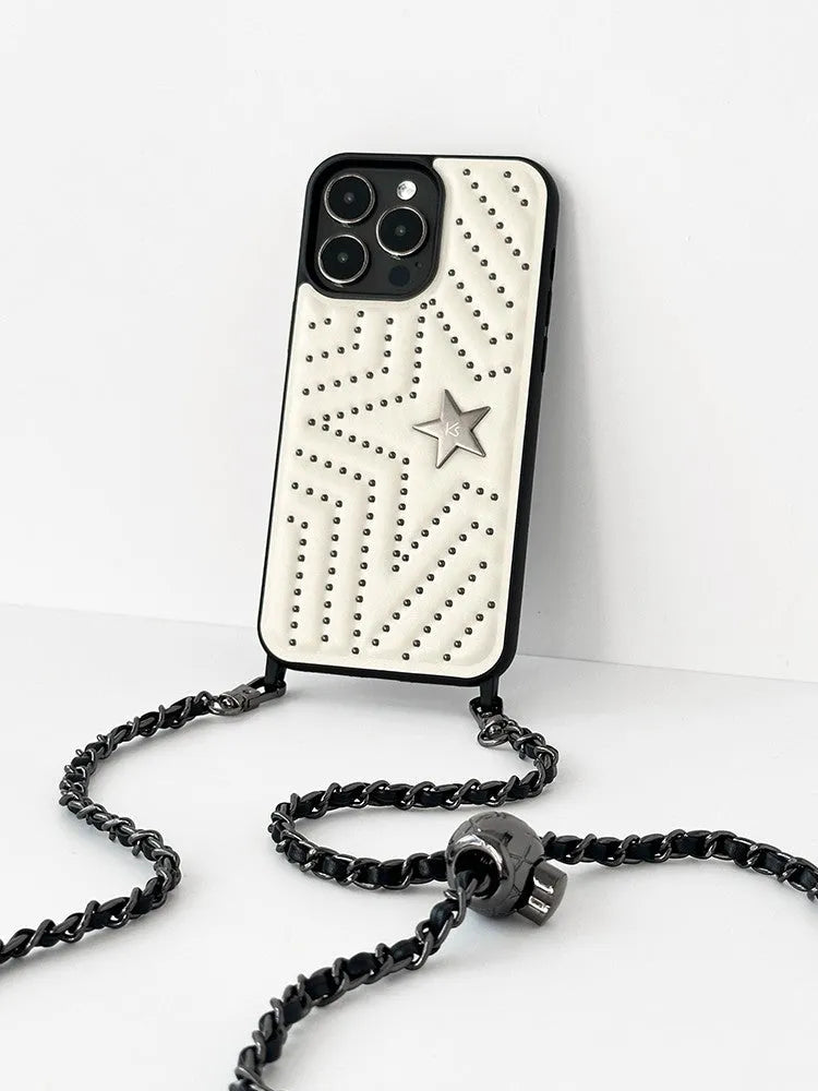 Rivet Crossbody High Sense Phone Case in black leather texture for iPhone 14 Pro Max, anti-fall protective shell