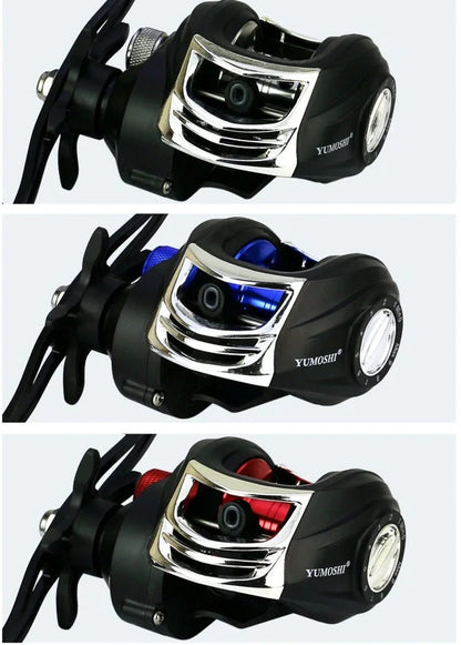 YUMOSHI AK Series fishing reel with magnetic brake system in black and blue colour option